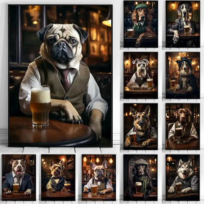 Pug in vest dog pub canvas wall art for home bar or living room