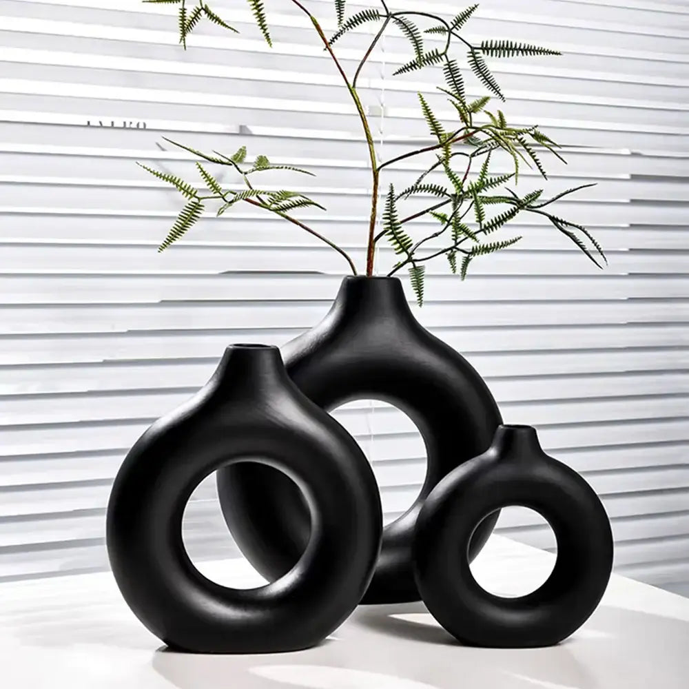 Modern black donut shape flower vase set living room decor