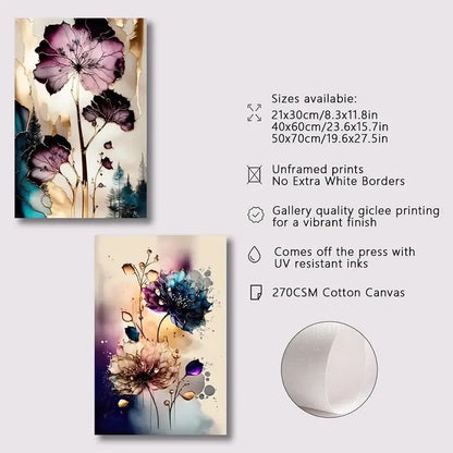 Abstract purple & gold flowers canvas posters living room wall art