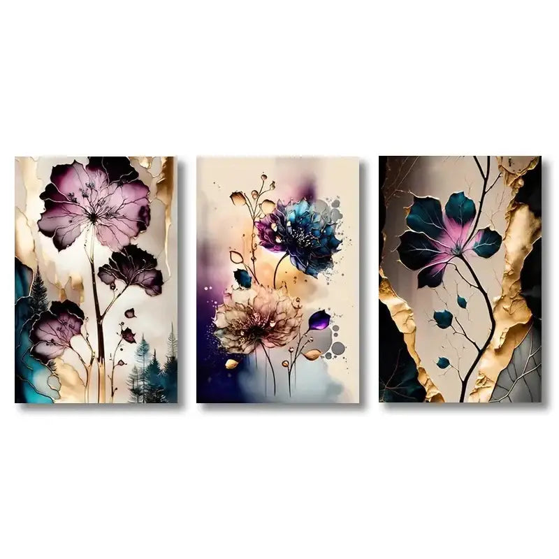 Abstract purple & gold flowers canvas posters living room wall art