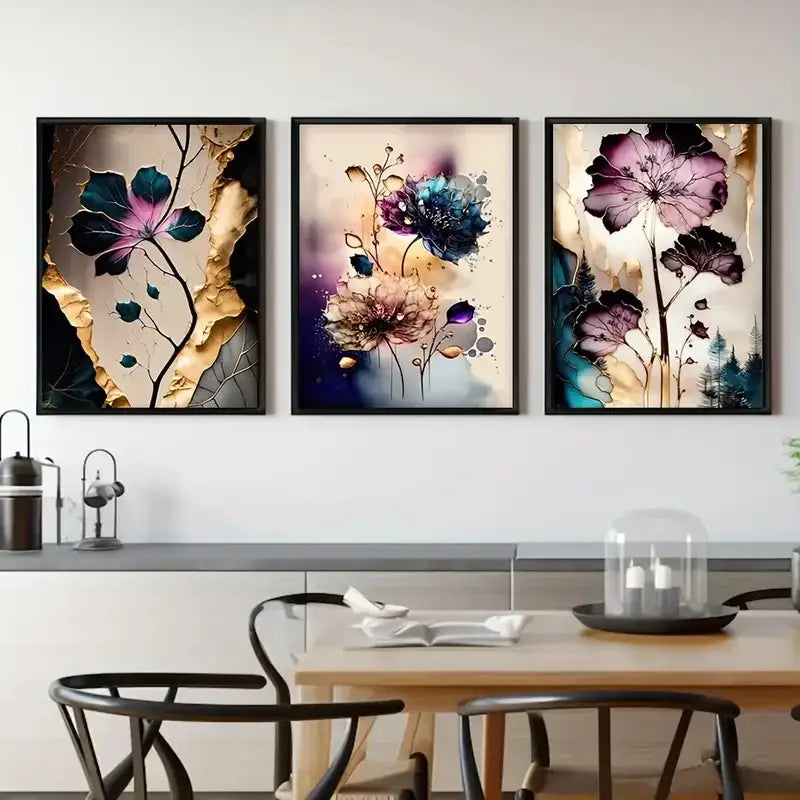 Abstract purple & gold flowers canvas posters living room wall art