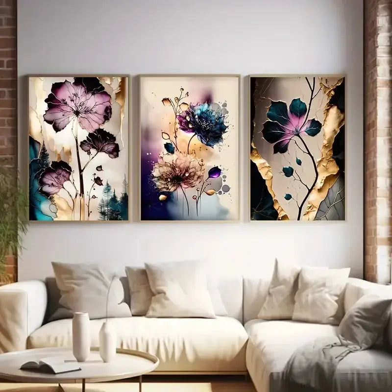 Abstract purple & gold flowers canvas posters living room wall art