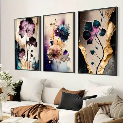 Abstract purple & gold flowers canvas posters living room wall art