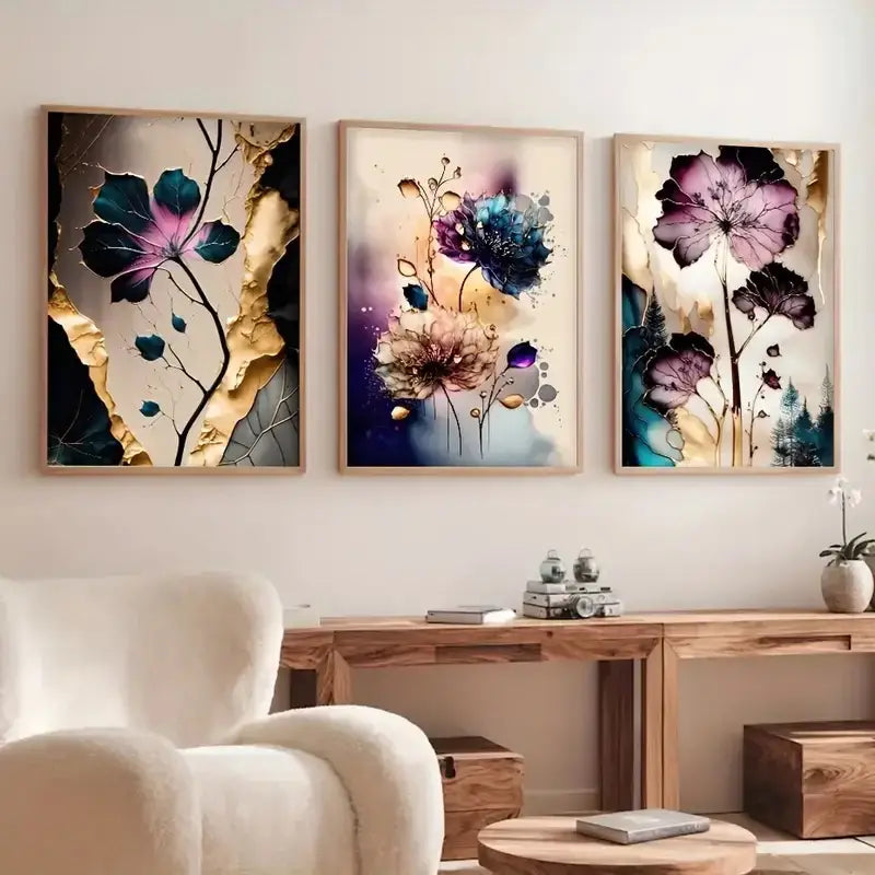 Abstract purple & gold flowers canvas posters living room wall art