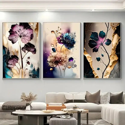 Abstract purple & gold flowers canvas posters living room wall art