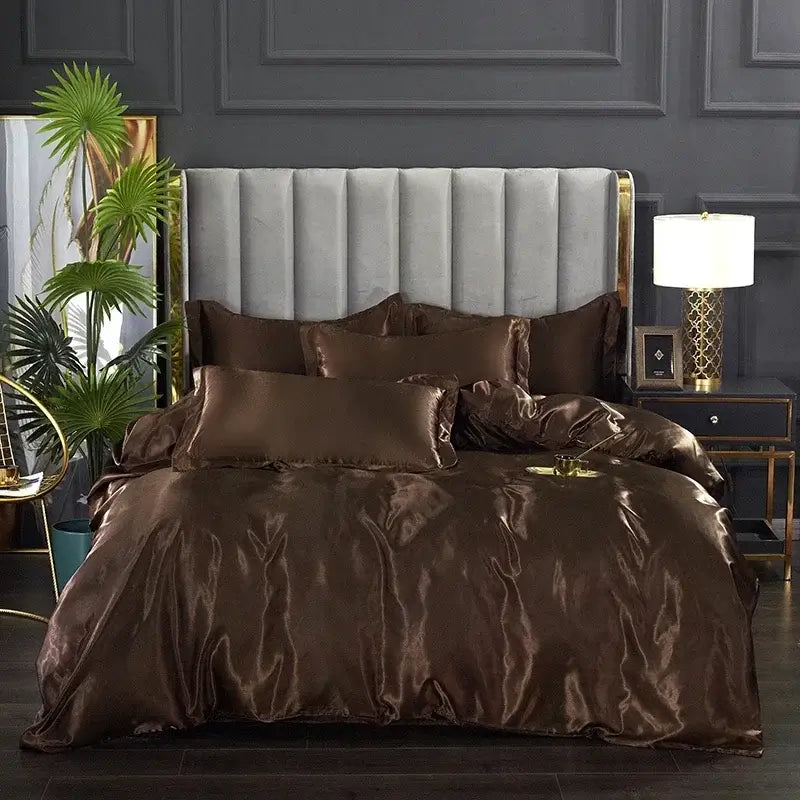 Elegant chocolate brown satin duvet cover bed sheet set bedroom