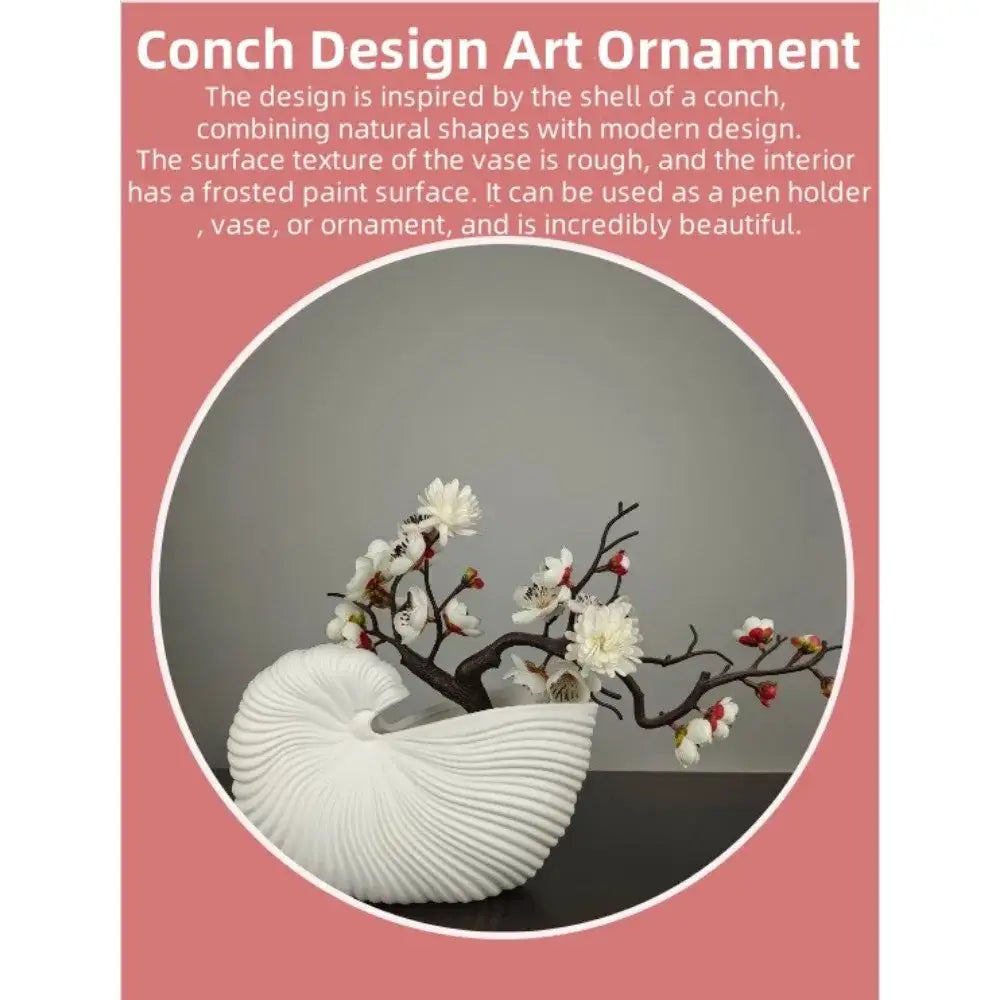Elegant white ribbed ceramic shell conch vase living room decor