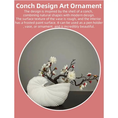 Elegant white ribbed ceramic shell conch vase living room decor