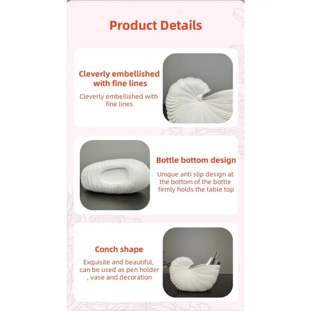 Elegant white ribbed ceramic shell conch vase living room decor