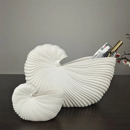 Elegant white ribbed ceramic shell conch vase living room decor