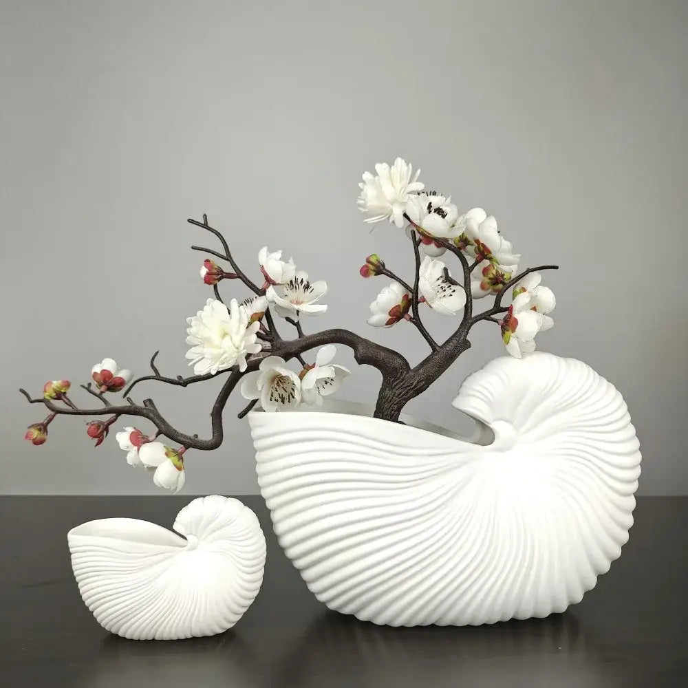 Elegant white ribbed ceramic shell conch vase living room decor