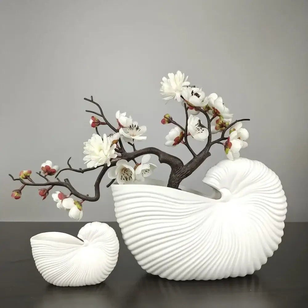 Elegant white ribbed ceramic shell conch vase living room decor