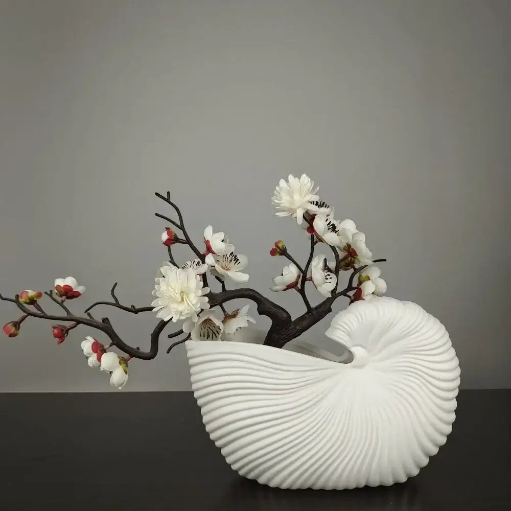 Elegant white ribbed ceramic shell conch vase living room decor