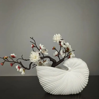 Elegant white ribbed ceramic shell conch vase living room decor