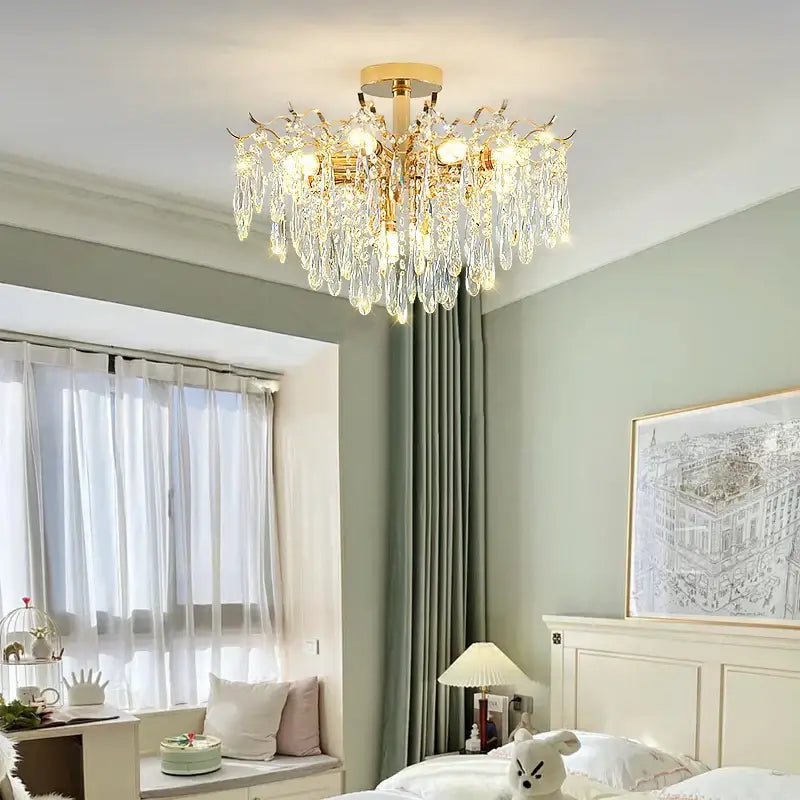 elegant crystal chandelier gold branching dining room