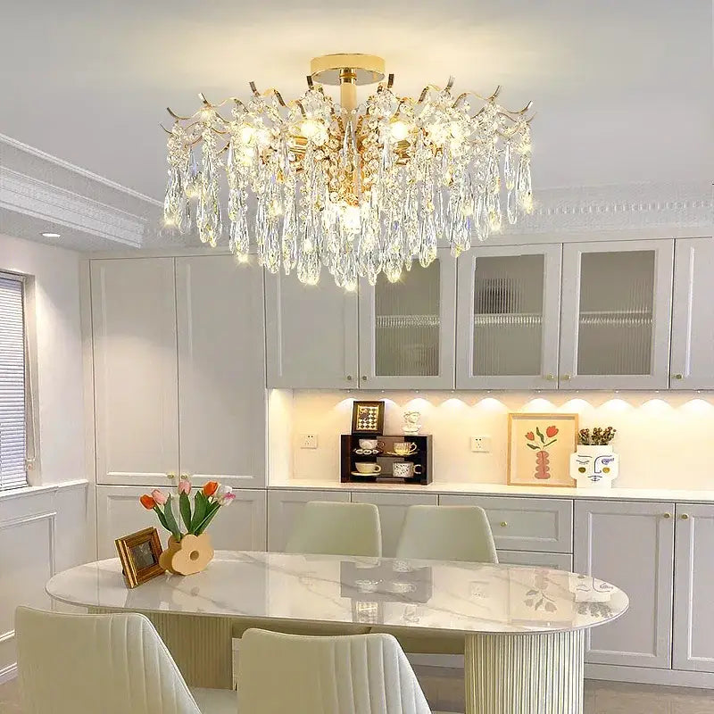 elegant crystal chandelier gold branching dining room