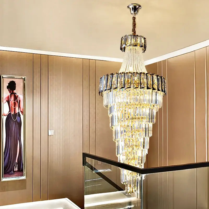 Decorbites elegant crystal chandelier living room spiral staircase