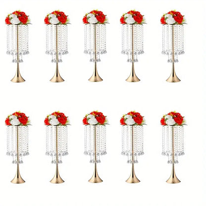 Elegant gold crystal flower stand set with red & white flowers dining room