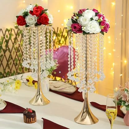 Elegant gold crystal flower stand set with red & white flowers dining room