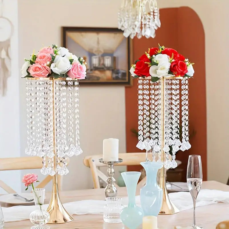 Elegant gold crystal flower stand set with red & white flowers dining room