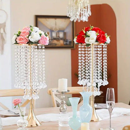 Elegant gold crystal flower stand set with red & white flowers dining room