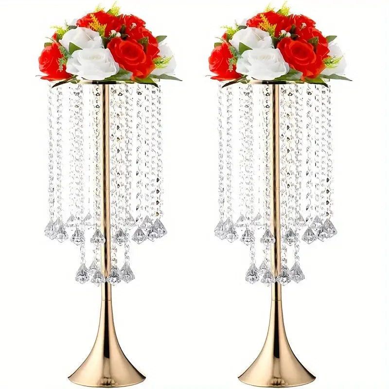 Elegant gold crystal flower stand set with red & white flowers dining room