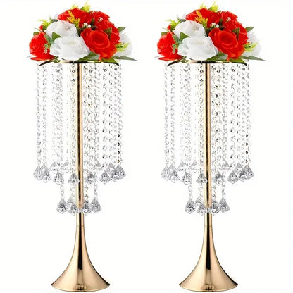 Elegant gold crystal flower stand set with red & white flowers dining room