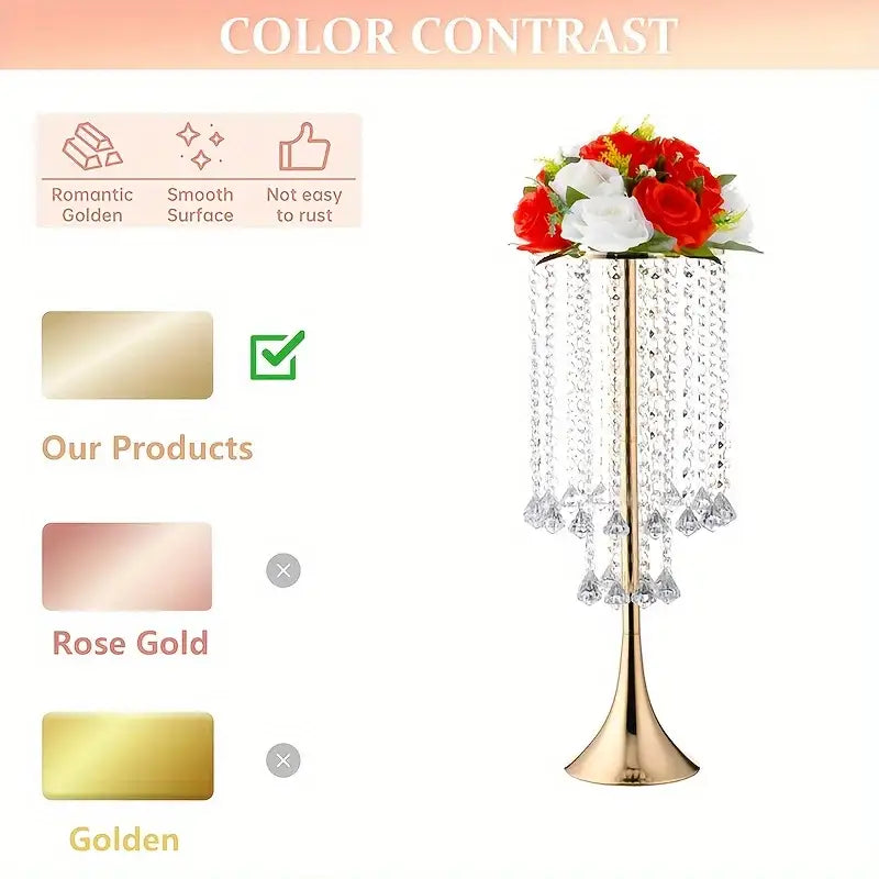 Elegant gold crystal flower stand set with red & white flowers dining room