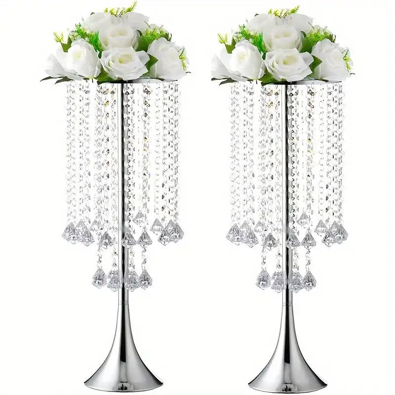 Elegant gold crystal flower stand set with red & white flowers dining room