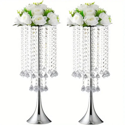 Elegant gold crystal flower stand set with red & white flowers dining room