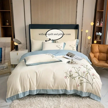 Elegant pink rose embroidery cream duvet cover set bedroom