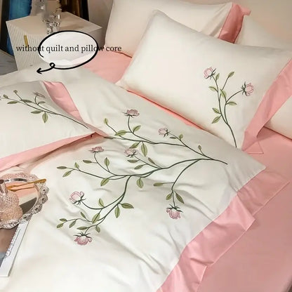 Elegant pink rose embroidery cream duvet cover set bedroom