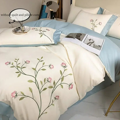 Elegant pink rose embroidery cream duvet cover set bedroom