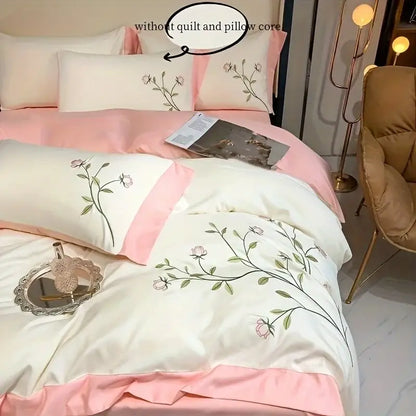 Elegant pink rose embroidery cream duvet cover set bedroom