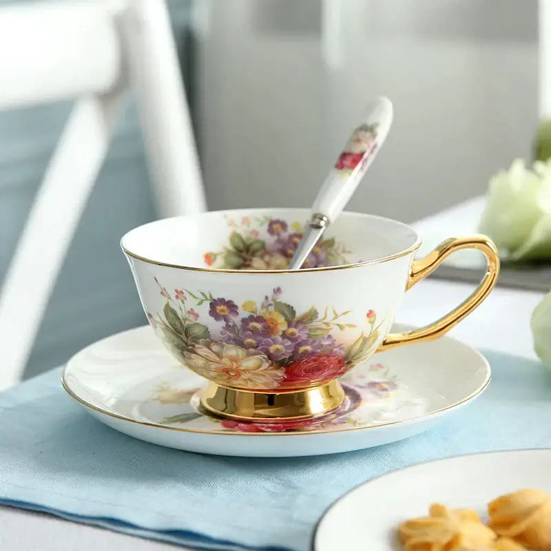 ™ Elegant Floral Bone China Tea Cup Set 200ml - Premium Porcelain Teacup Saucer Spoon