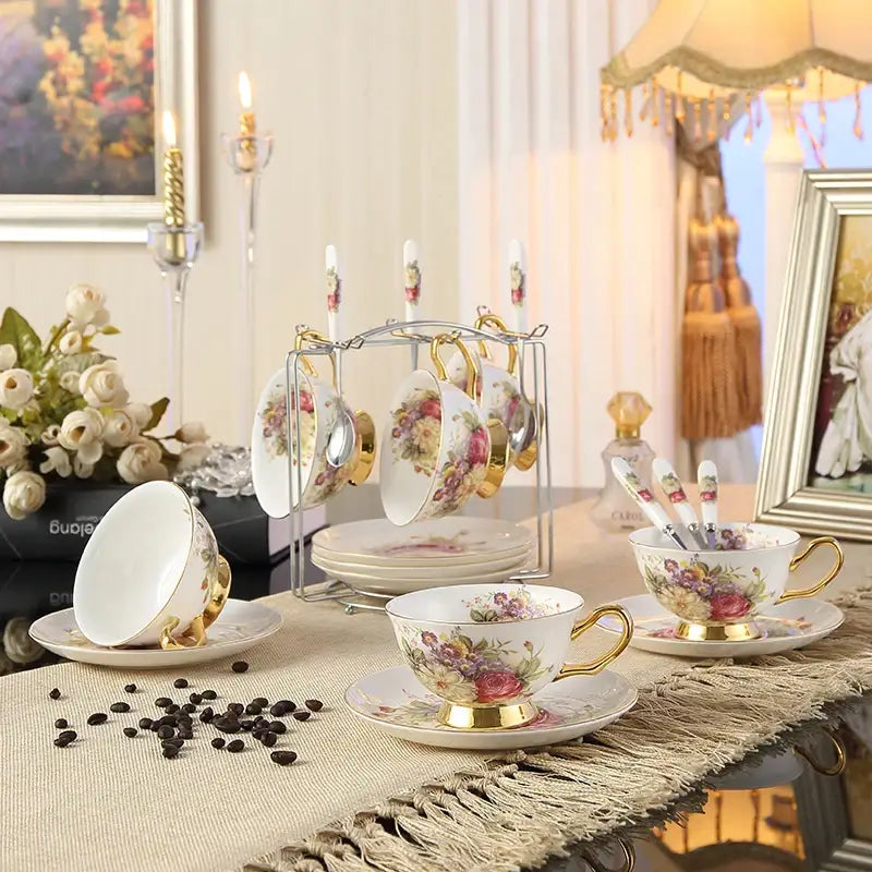 ™ Elegant Floral Bone China Tea Cup Set 200ml - Premium Porcelain Teacup Saucer Spoon