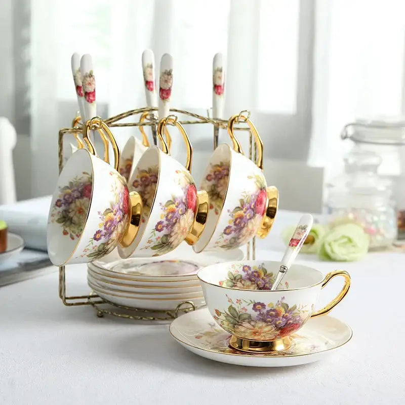 ™ Elegant Floral Bone China Tea Cup Set 200ml - Premium Porcelain Teacup Saucer Spoon