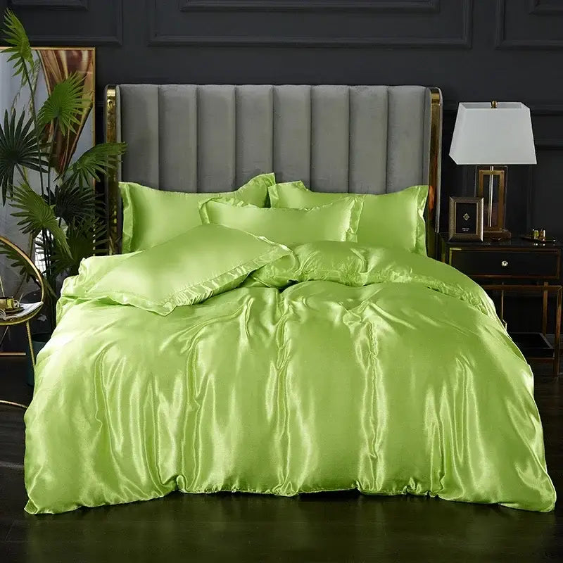 Elegant lime green satin duvet cover bedroom bed sheet set