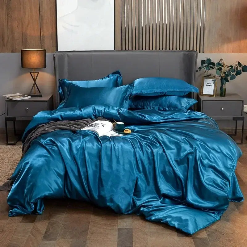 Elegant teal satin bed sheet and duvet cover bedroom set