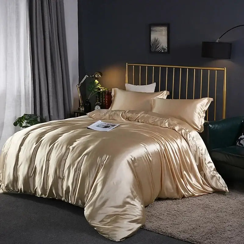 Elegant gold satin duvet cover set bedroom bed sheet ensemble
