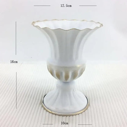 Ornate white & gold metal flower vase – dining room centerpiece