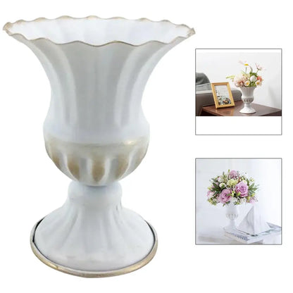 Ornate white & gold metal flower vase – dining room centerpiece