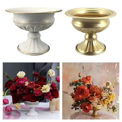 Ornate white & gold metal flower vase – dining room centerpiece