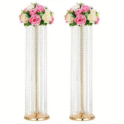 Elegant gold metal vases with crystals and roses wedding decor