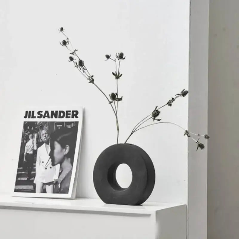 Minimalist black white & beige ceramic donut vase living room decor