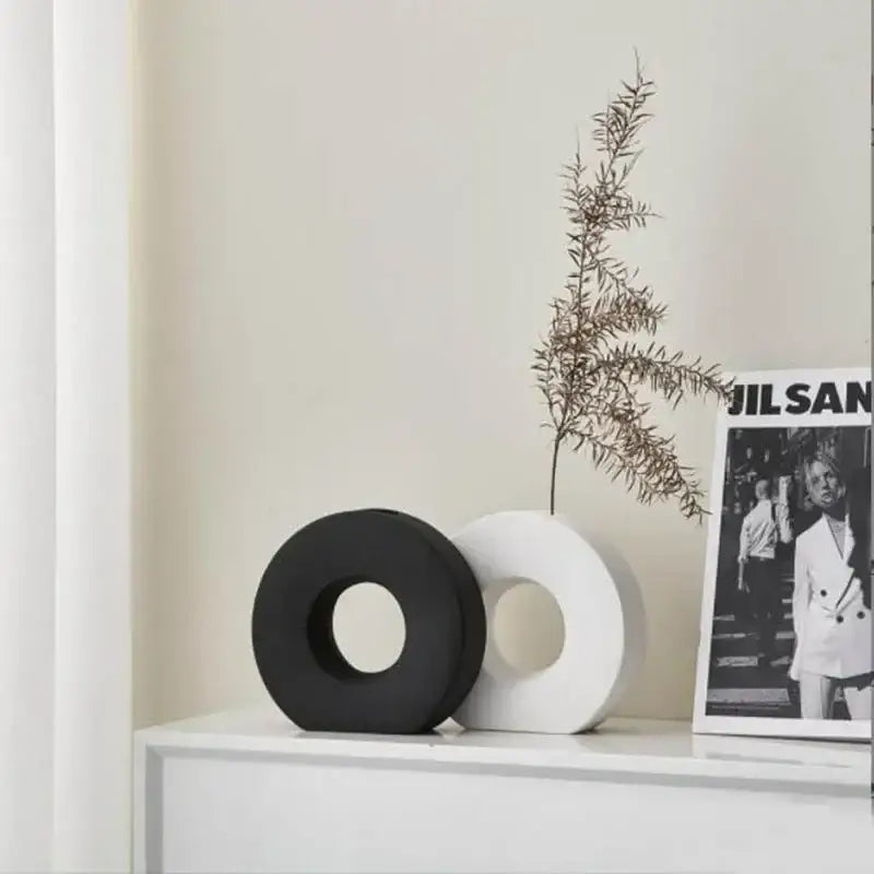 Minimalist black white & beige ceramic donut vase living room decor