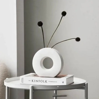 Minimalist black white & beige ceramic donut vase living room decor