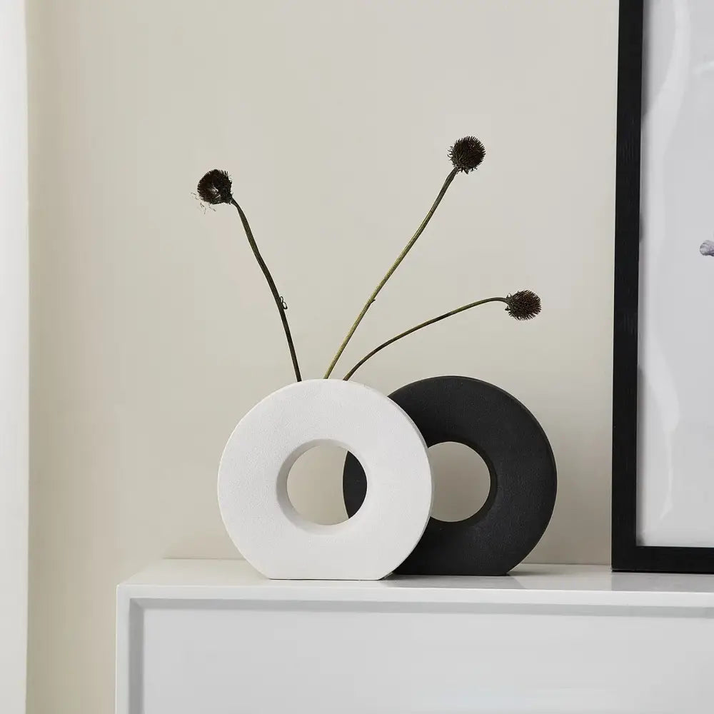 Minimalist black white & beige ceramic donut vase living room decor