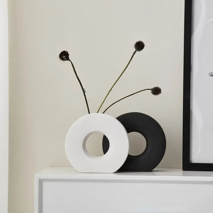 Minimalist black white & beige ceramic donut vase living room decor