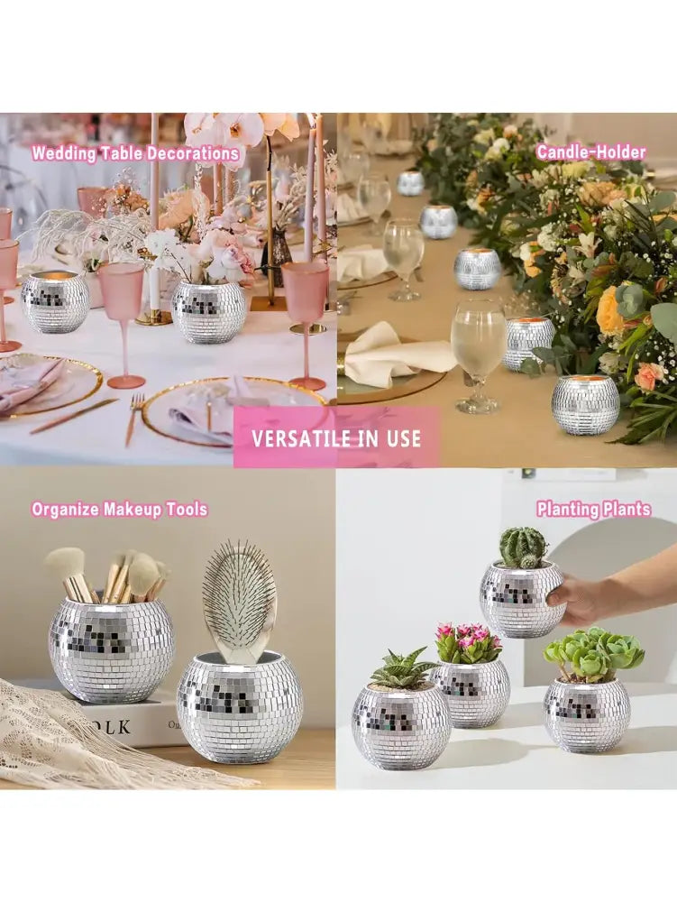 Silver disco ball round glass vase planter set living room decor